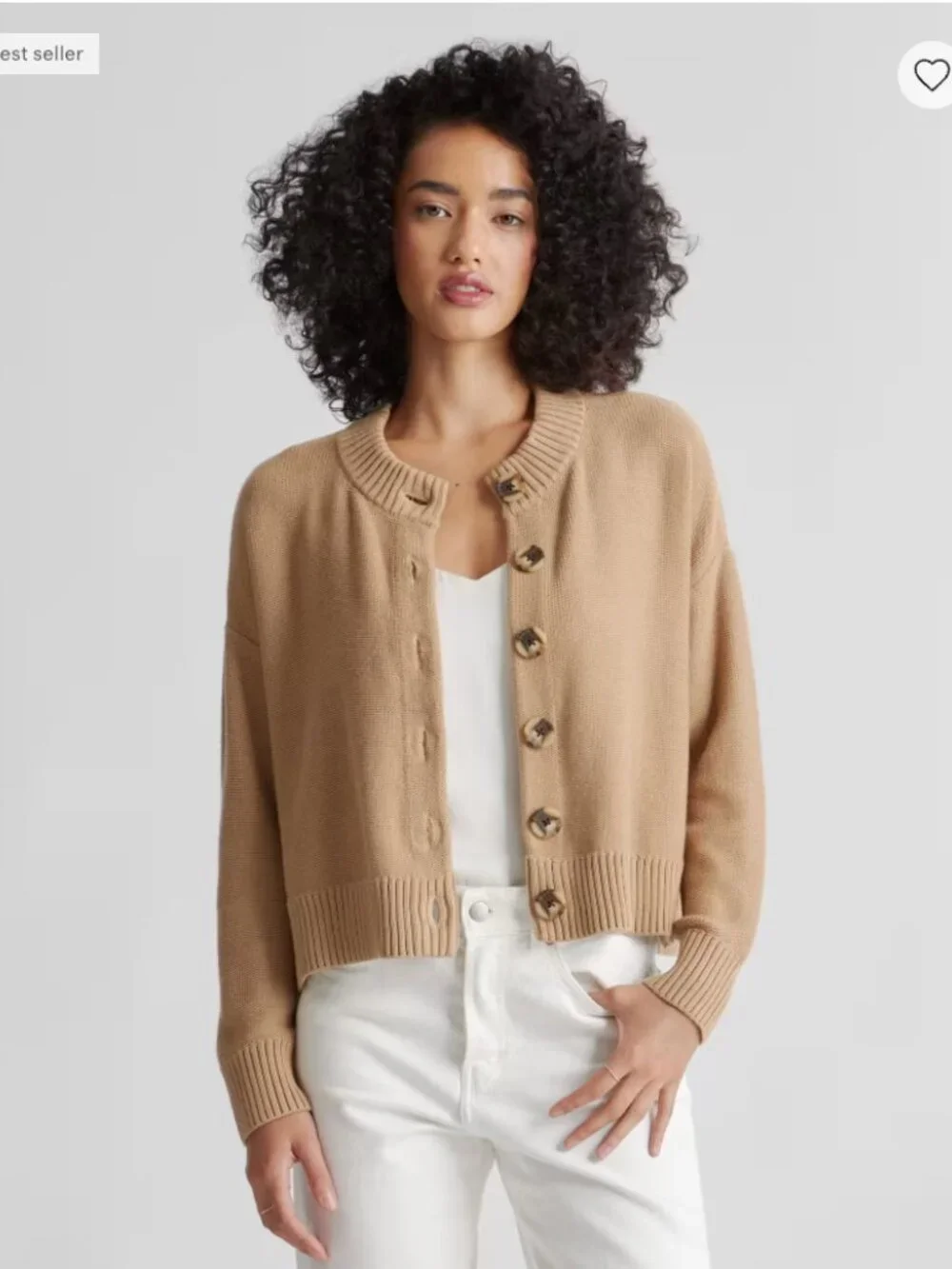 Quince 100% Organic Cotton Cropped Cardigan Sweater Camel Size Large - Picture 2 of 11